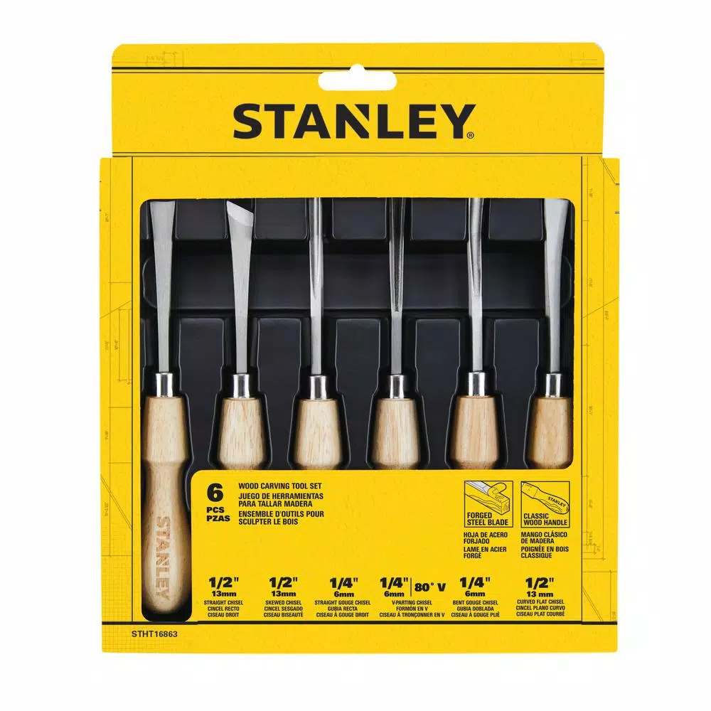 Stanley 6-Piece Wood Carving Chisel Set with Natural Wood Handles