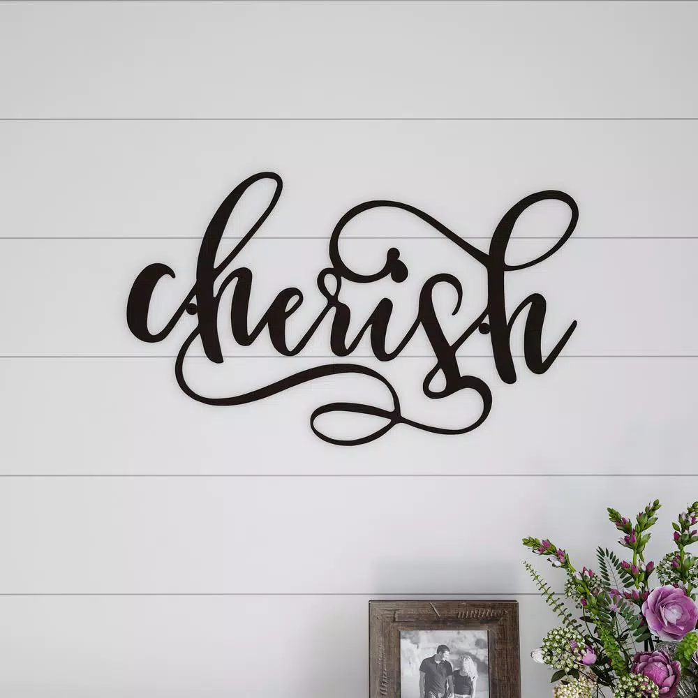 Lavish Home "Cherish" Metal Cutout Wall Sign - Distressed Dark Brown Rustic Decor