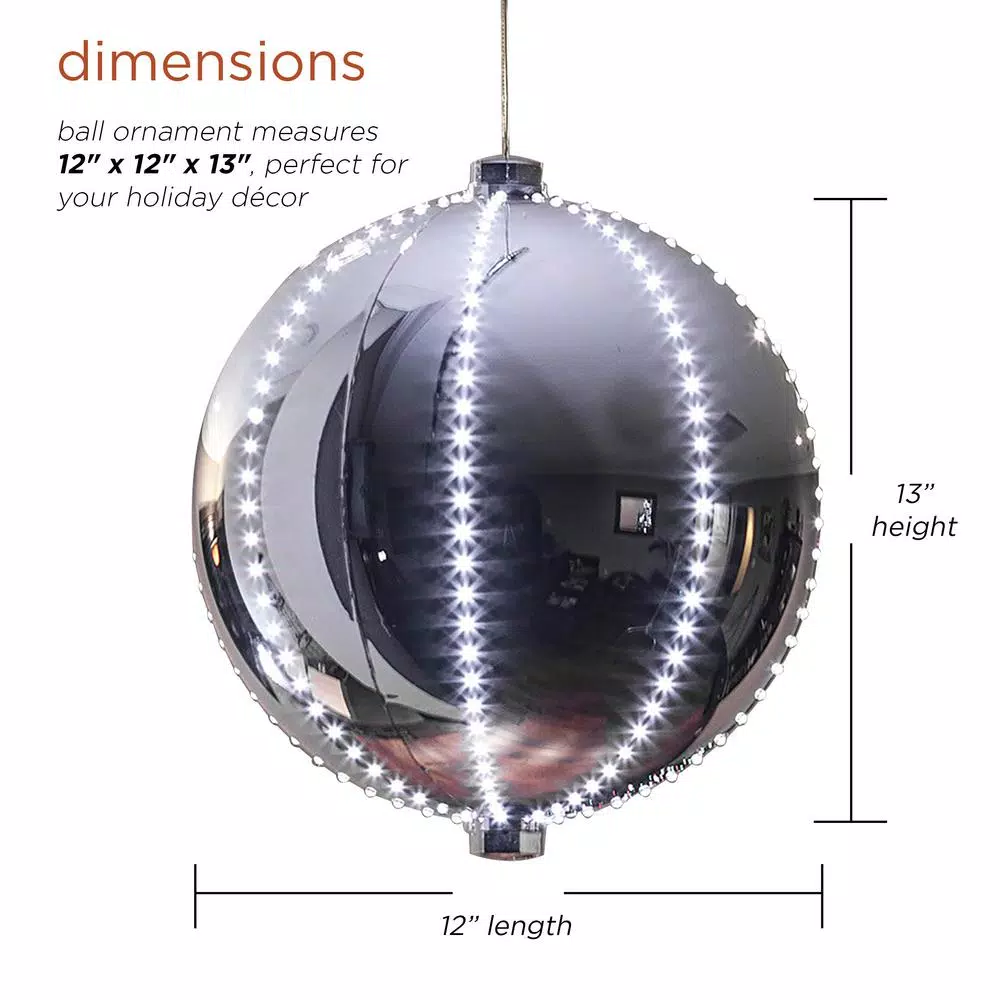 Alpine Corporation 13 in. Large Silver Hanging Christmas Ball Ornament with 240 LED Lights
