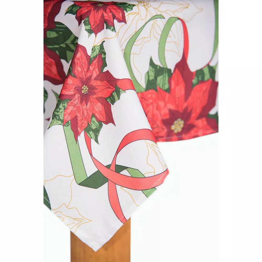 Lintex Christmas Ribbon Floral Pattern Tablecloth, 70 in. Round, Red and Green on White, 100% Polyester