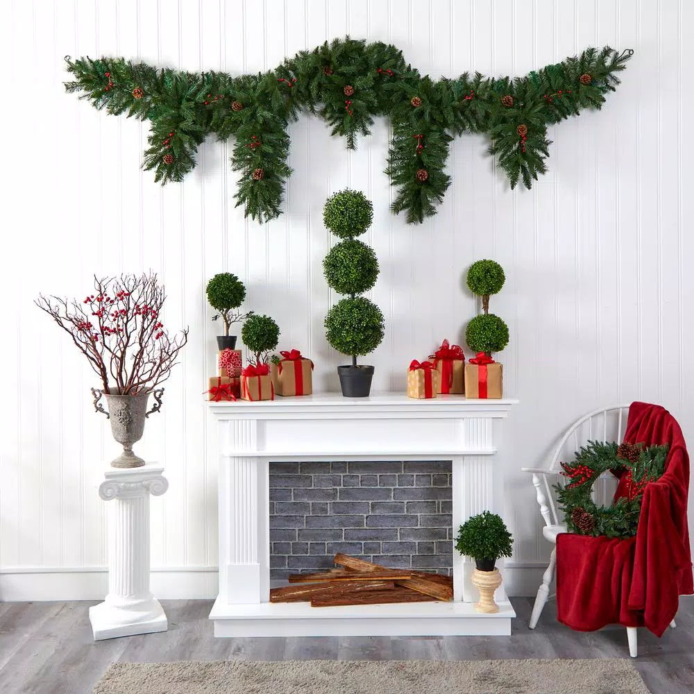 Nearly Natural 9 ft. Artificial Icicle Christmas Garland with 50 Multi-Color LED Lights, Berries and Pine Cones