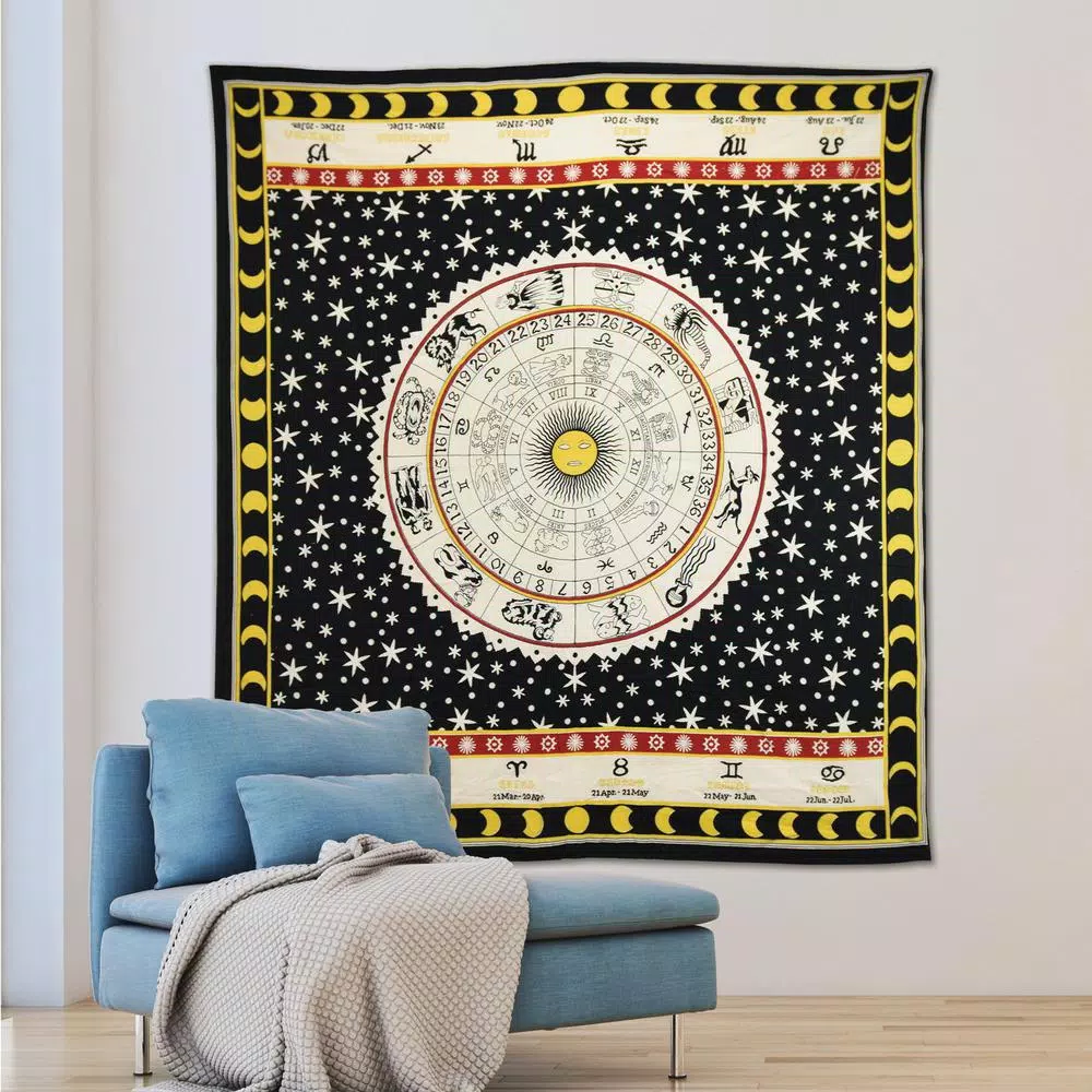 WallPops Nisha Black Astrology Inspired Celestial Wall Tapestry, Bohemian Cotton Wall Hanging