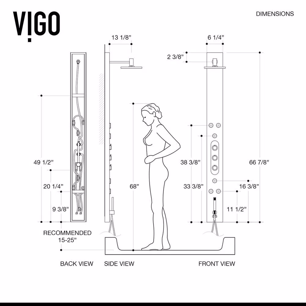 VIGO Dilana 66.875 in. Stainless Steel 6-Jet High Pressure Shower Panel System with Handheld Dual Shower