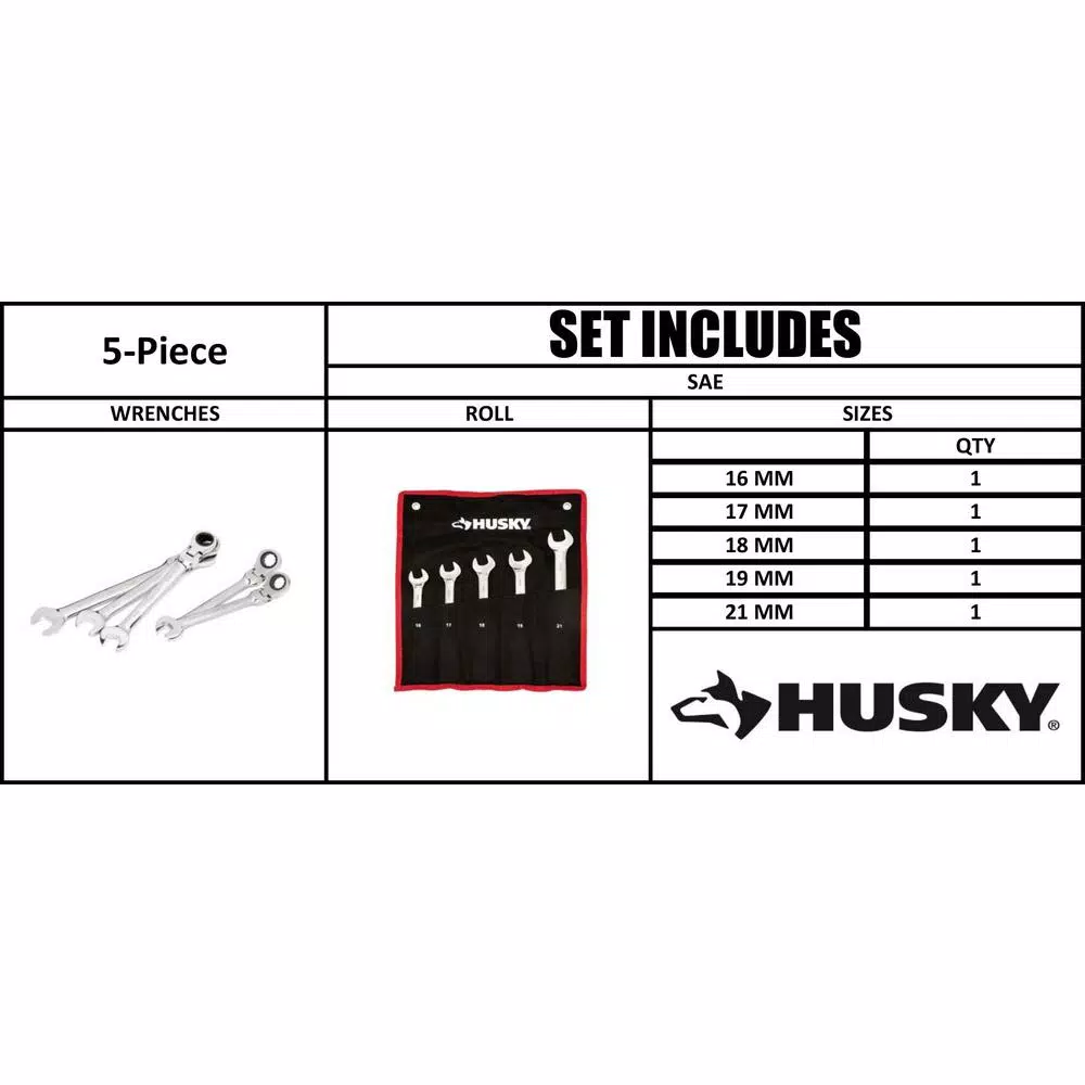 Husky 5-Piece Large Metric Flex Head Ratcheting Wrench Set, 16-21mm