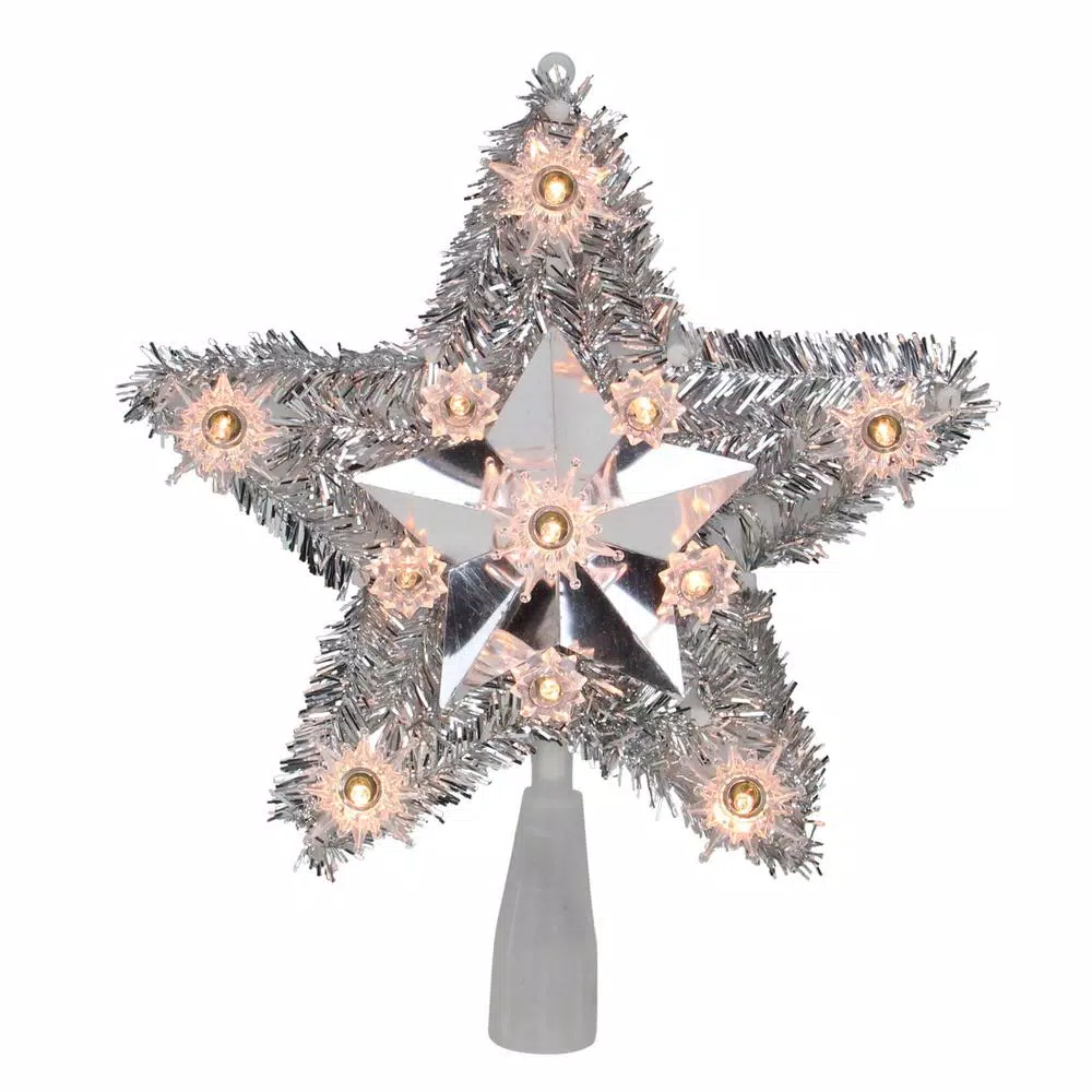 Northlight 9 in. Lighted Silver Tinsel Star Christmas Tree Topper with 11 Clear Mini Lights