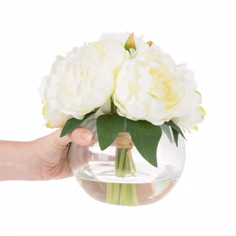 Pure Garden 8 in. Cream Rose Artificial Floral Arrangement in Glass Vase