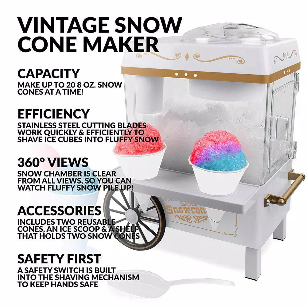 Nostalgia 160 oz. Countertop Snow Cone Maker with Stainless Steel Blades and Reusable Cones - White