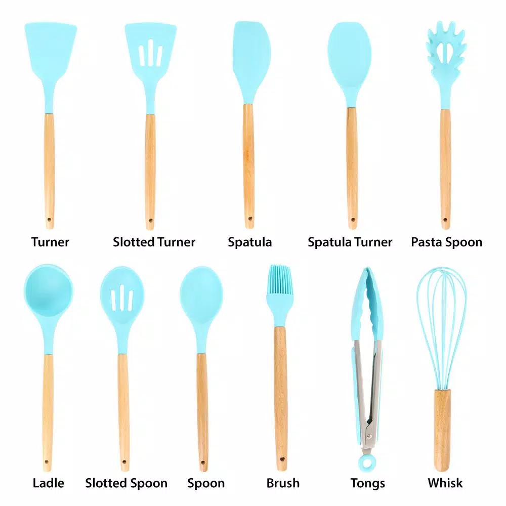 MegaChef 12-Piece Light Teal Silicone and Wood Kitchen Utensil Set