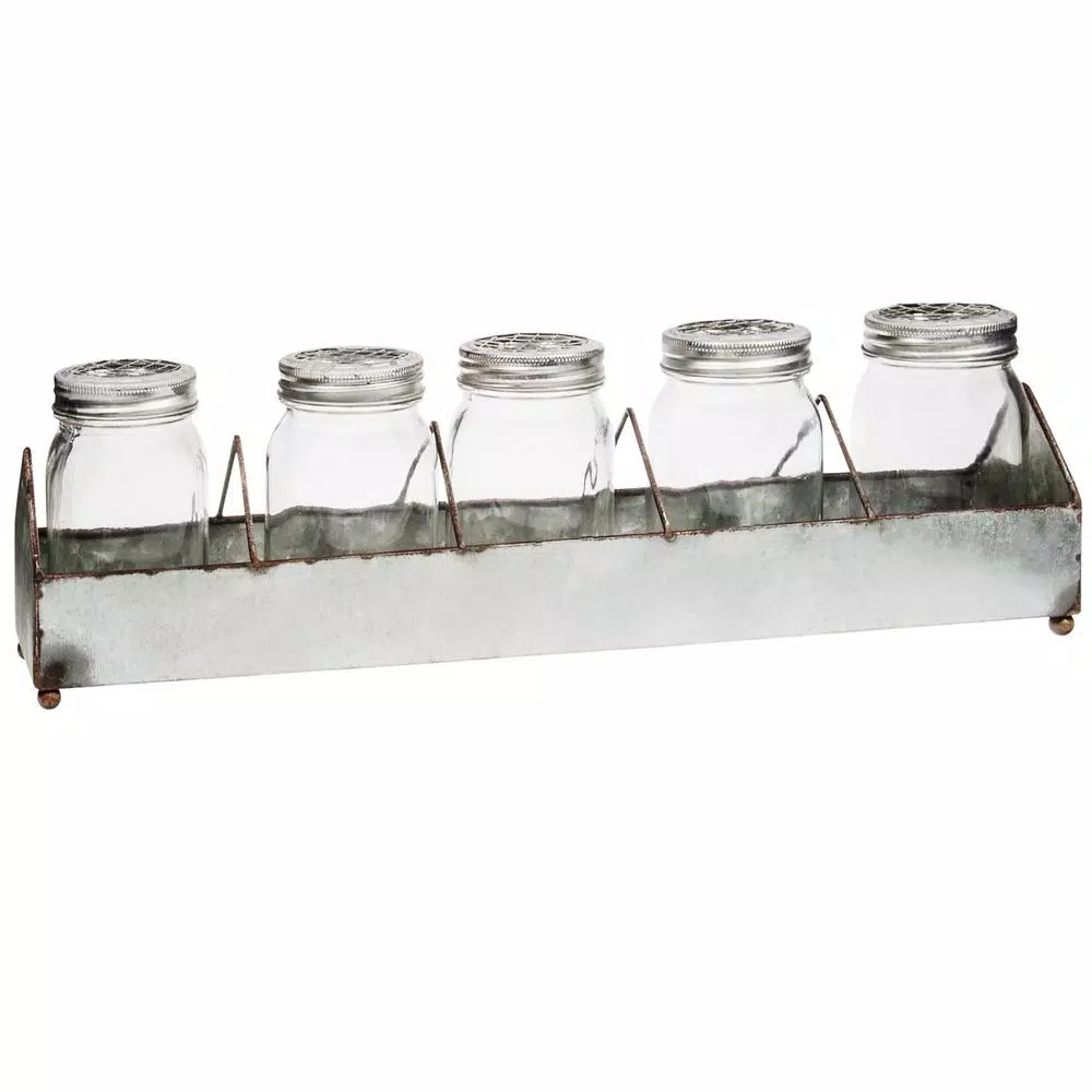 HOME ESSENTIALS AND BEYOND 5-Piece Farmhouse Mason Jar Set with Divided Galvanized Steel Tray