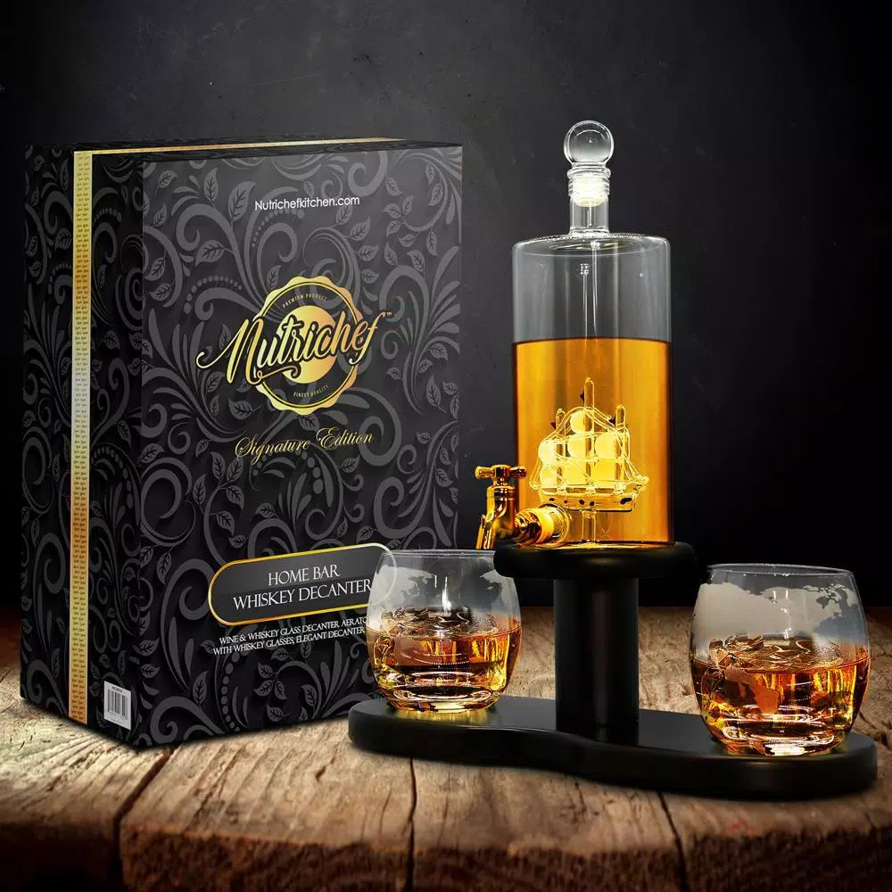 NutriChef 26 oz. Glass Wine and Whiskey Decanter Aerator Set with 2 Whiskey Glasses and Base Stand