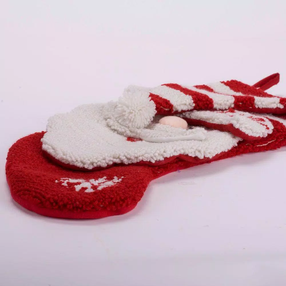 Glitzhome 20 in. Handmade Hooked Christmas Stocking with 3D Santa Design - Red & White