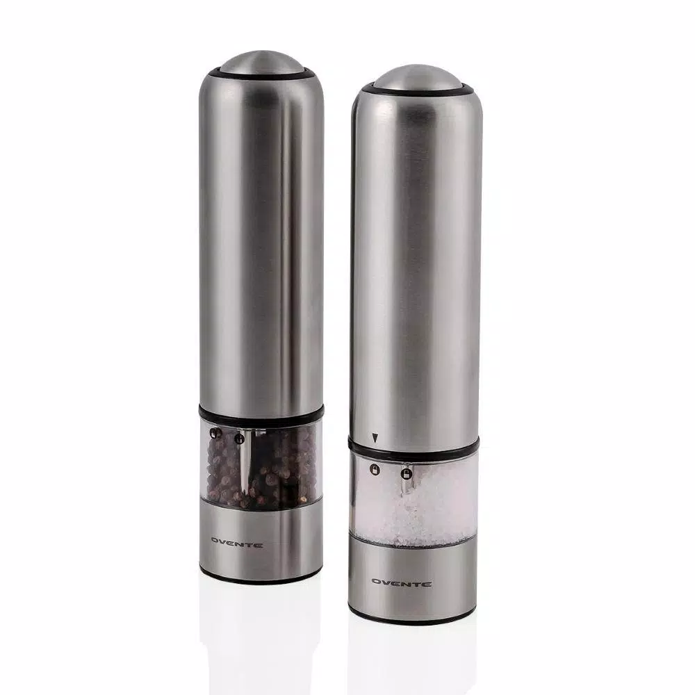 Ovente Electric Salt and Pepper Grinder Set, Stainless Steel with Ceramic Blades, Battery Operated