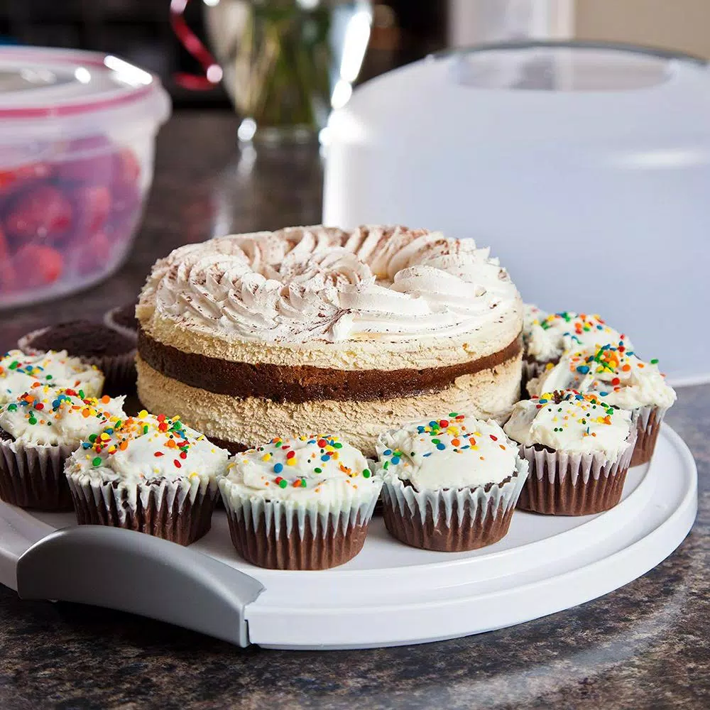 LavoHome 3-Layer Cake and Cupcake Carrier Storage Container with Server, 13.5 in. Translucent Dome, White/Gray