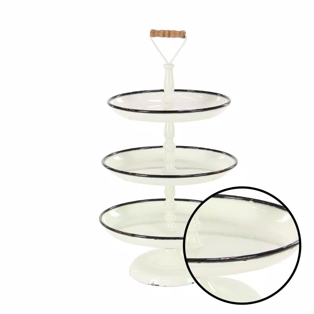 LITTON LANE Rustic Reflections 3-Tier Metal Pedestal Tray, Distressed White with Black Accents
