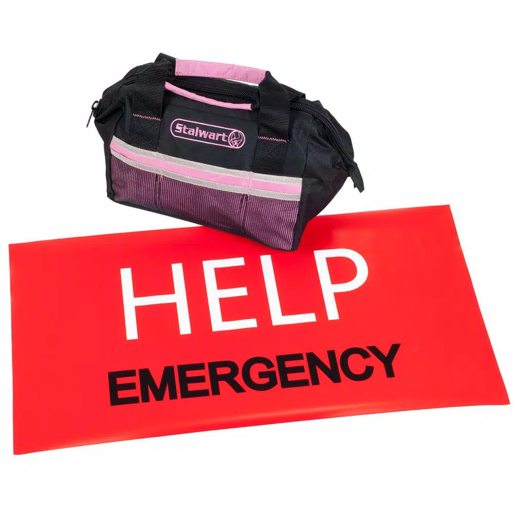 Stalwart 55-Piece Pink Emergency Roadside Assistance Kit with Travel Bag and First Aid Kit