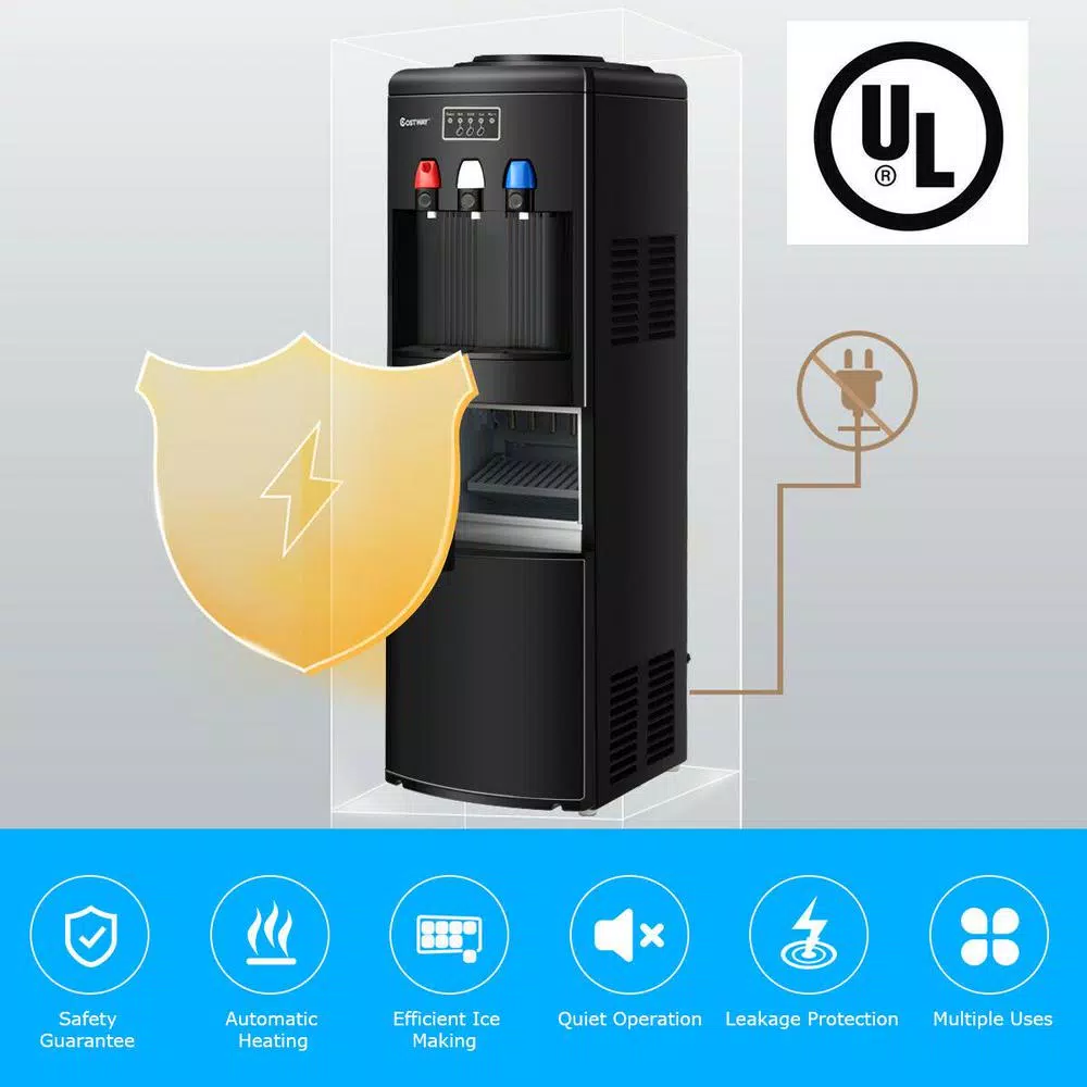 Costway Top Loading Water Dispenser with Built-In Ice Maker, Hot & Cold Tri-Temp Water Cooler, Black