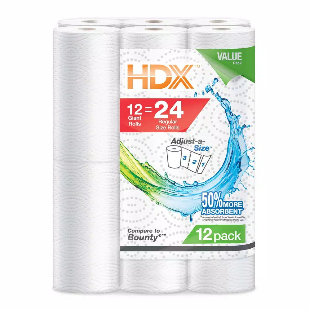 HDX 2-Ply Paper Towels, Ultra Absorbent, Adjust-A-Size, 12 Rolls