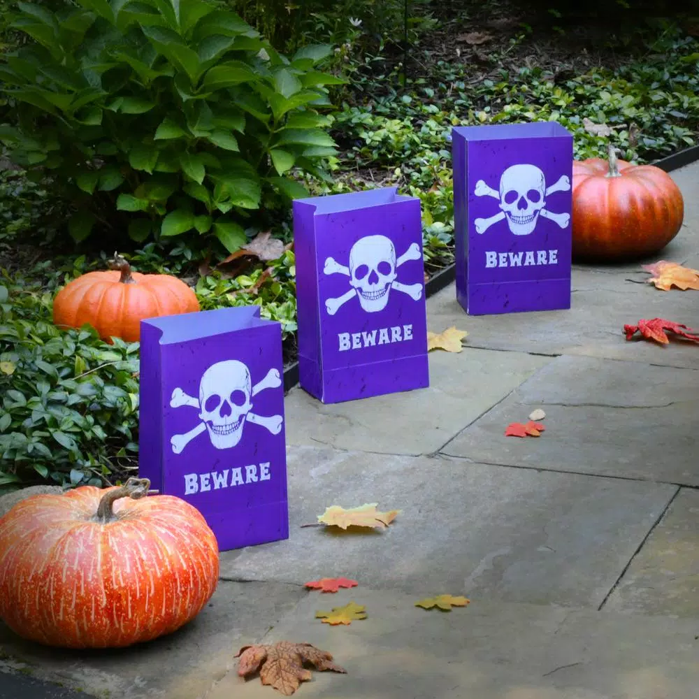 LUMABASE Skull and Crossbones Purple Plastic Halloween Luminary Bags, 12-Count