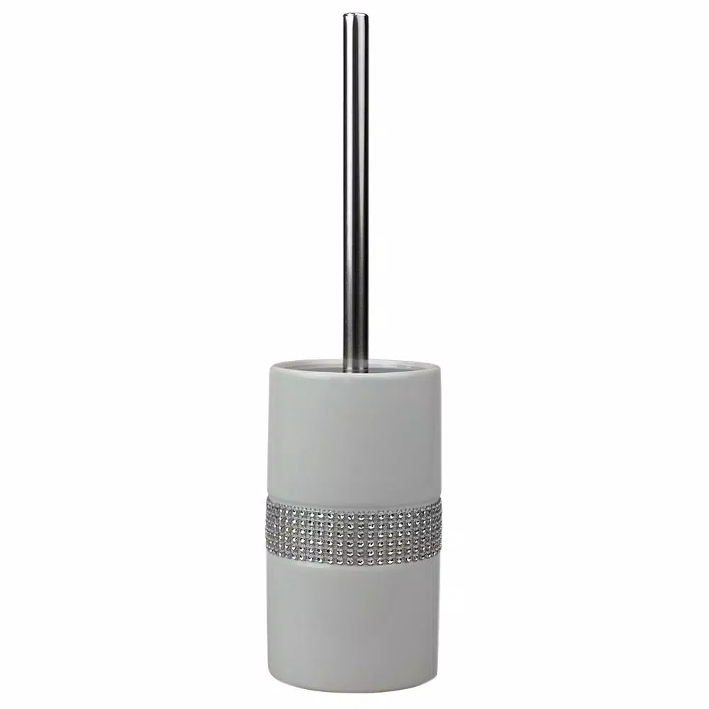 Unbranded White Ceramic Toilet Brush Holder with Sequin Accents and Stainless Steel Handle