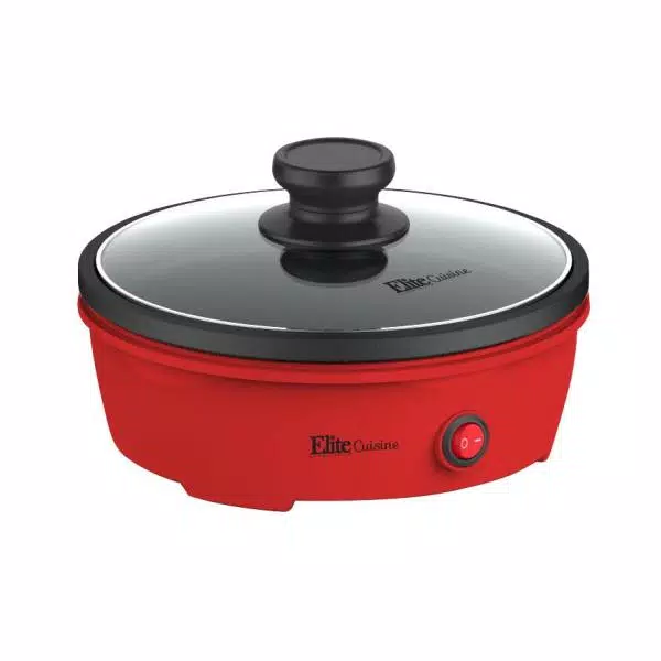 Elite Cuisine 8.5 in. Red Personal Electric Skillet with Tempered Glass Lid