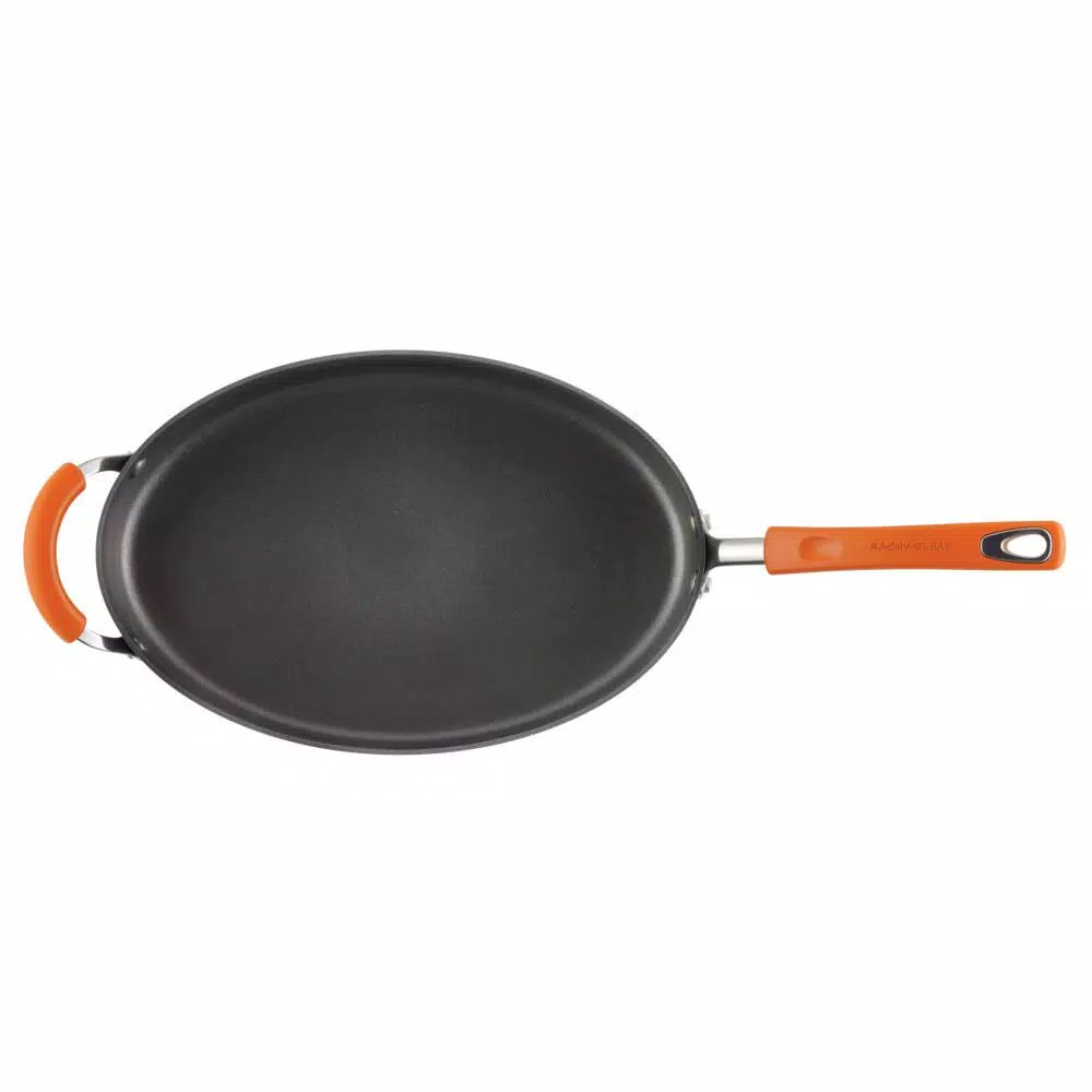 Rachael Ray 5-Quart Hard-Anodized Aluminum Nonstick Oval Saute Pan with Glass Lid, Orange and Gray