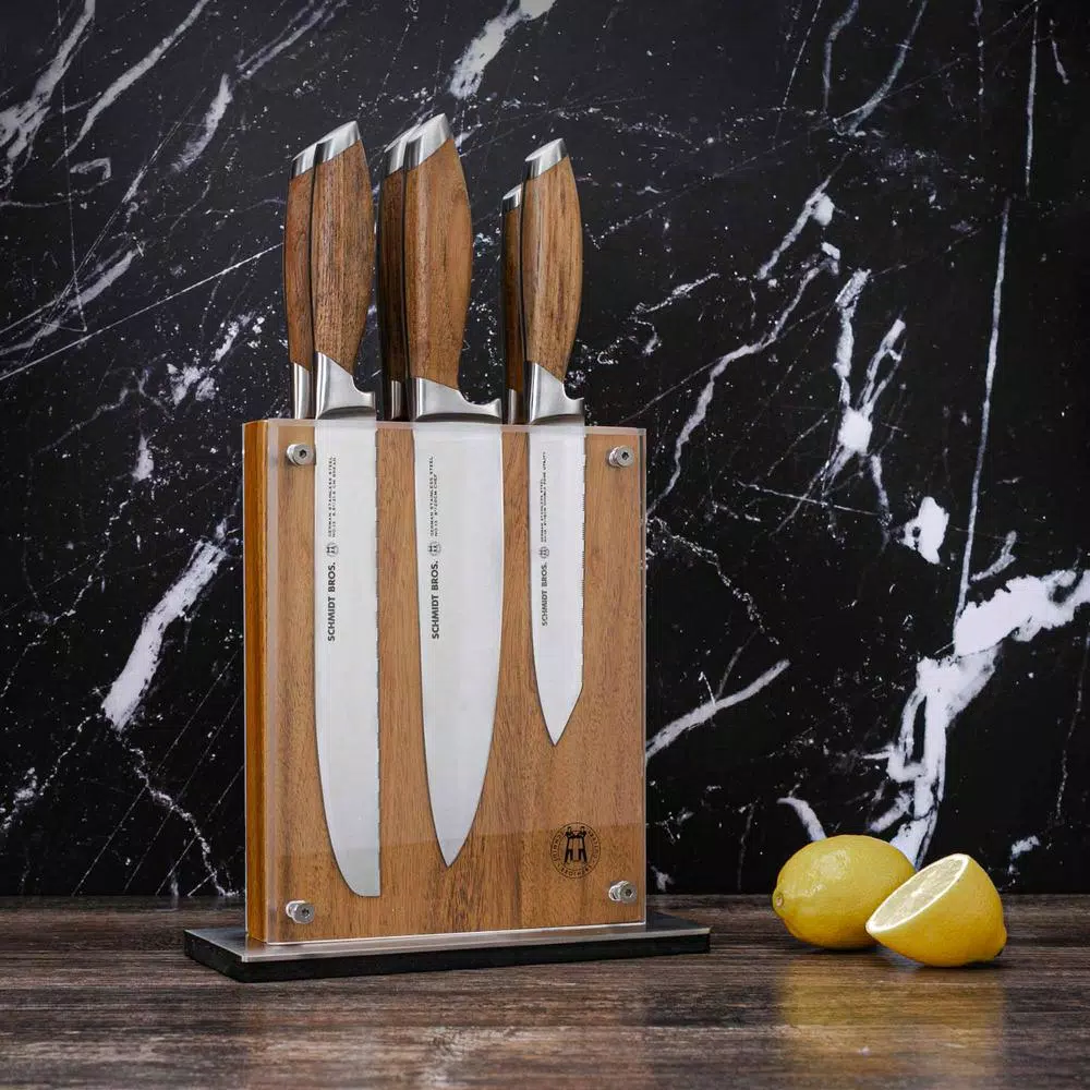 SCHMIDT BROS. Schmidt Brothers 7-Piece Bonded Teak Stainless Steel Knife Set with Acacia Midtown Magnetic Block