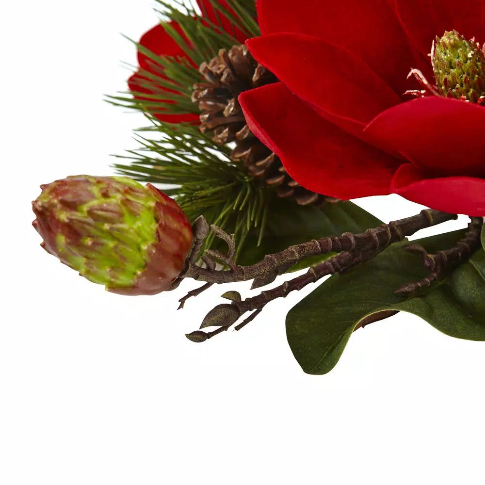 Nearly Natural 7 in. Red Magnolia and Pine Candelabrum with Glass Candleholder