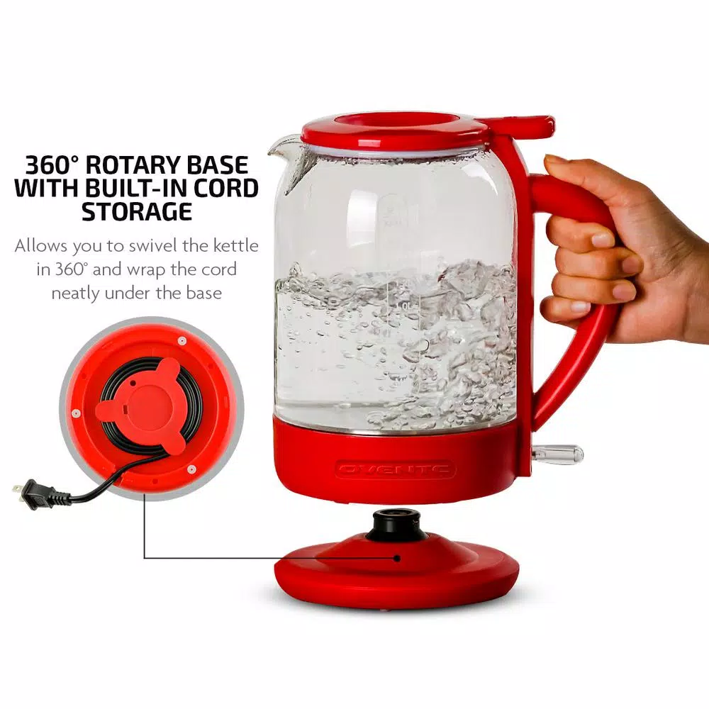 Ovente 1.5L Red Glass Electric Kettle with ProntoFill Technology, 1500W