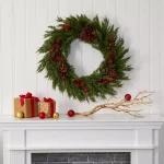 Nearly Natural 32 in. Artificial Cypress Wreath with Red Holly Berries and Pine Cones thumbnail 3