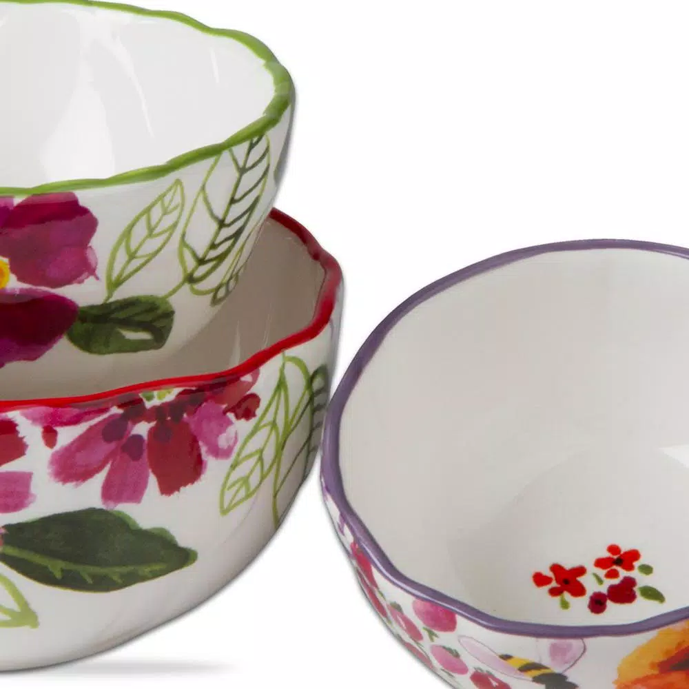 Tag 3-Piece Earthenware Serving Bowl Set with Hand Painted Rims and Floral Decal Pattern