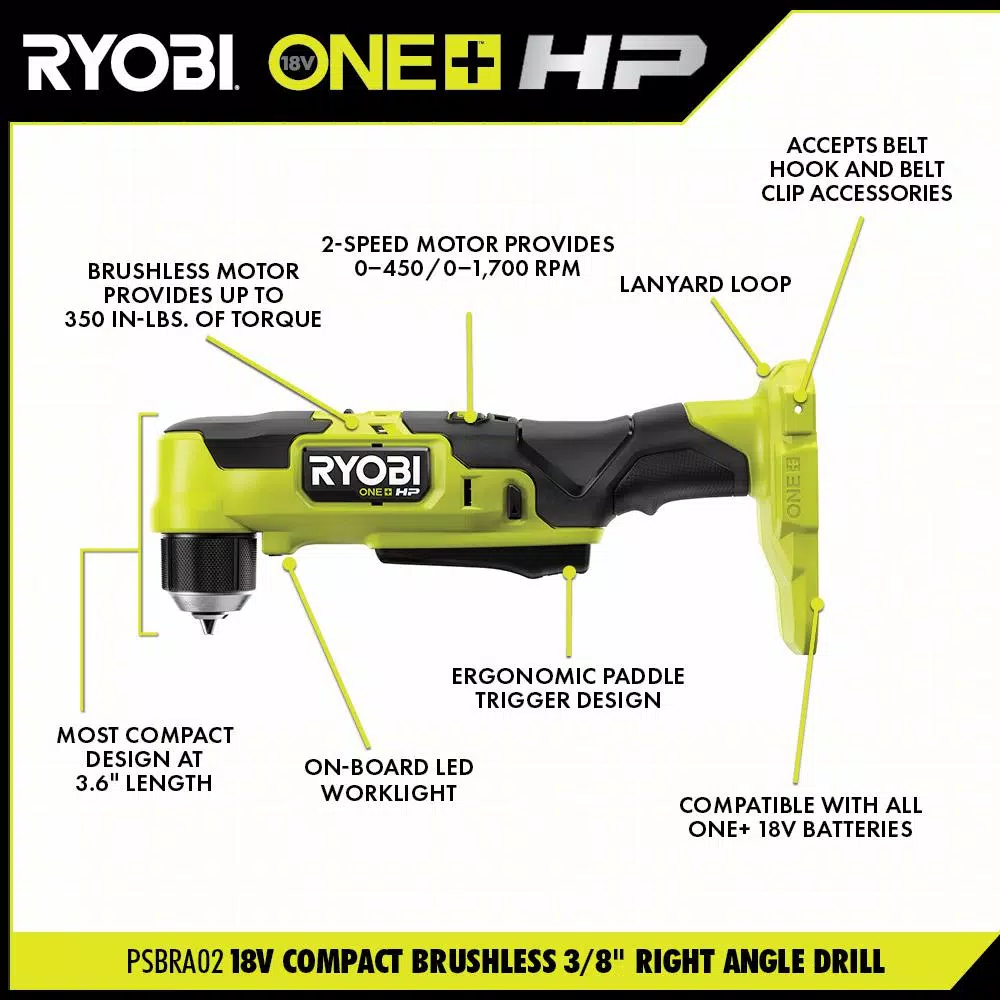 RYOBI ONE+ HP 18V Brushless Compact Impact Driver and Right Angle Drill Combo Kit with (2) 1.5 Ah Batteries