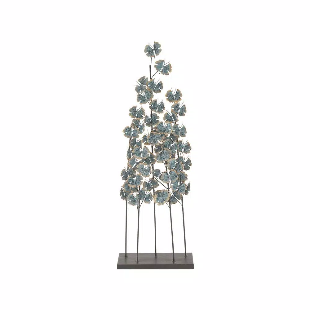 LITTON LANE Iron Metal Turquoise Ginkgo Leaves Sculpture with Gold Outline and Rectangular Base