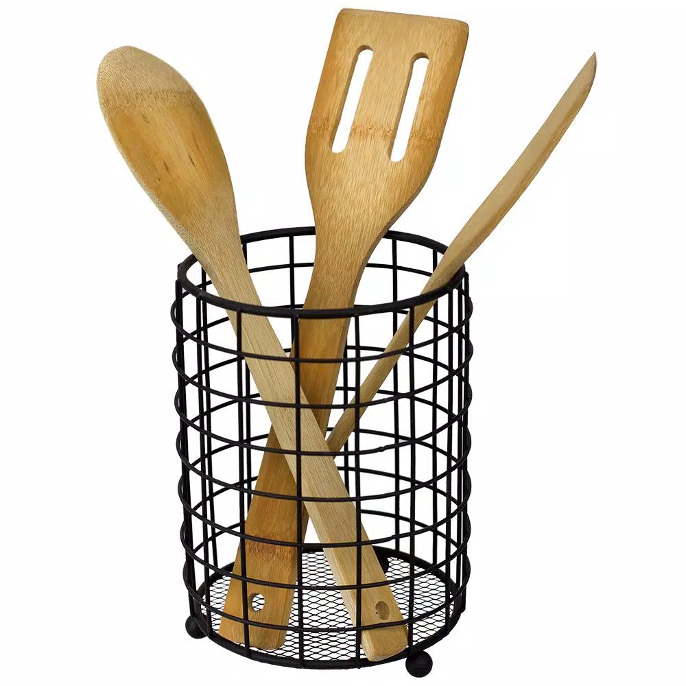 Home Basics Black Grid Free-Standing Steel Utensil Holder with Mesh Bottom
