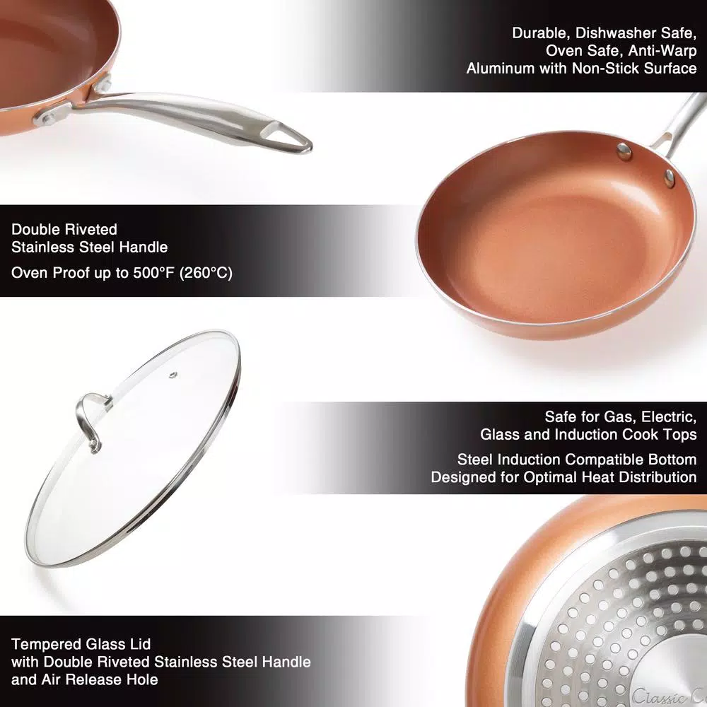 Classic Cuisine Allumi-Shield 12 in. Square Aluminum Ceramic Nonstick Grill Pan with Glass Lid, Copper Finish