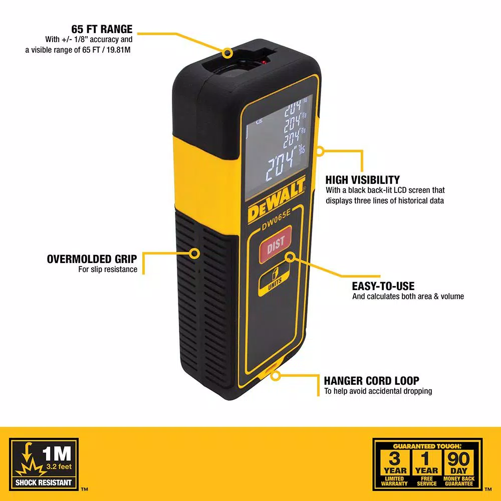 DEWALT DW065E 65 ft. Laser Distance Measurer Range Meter