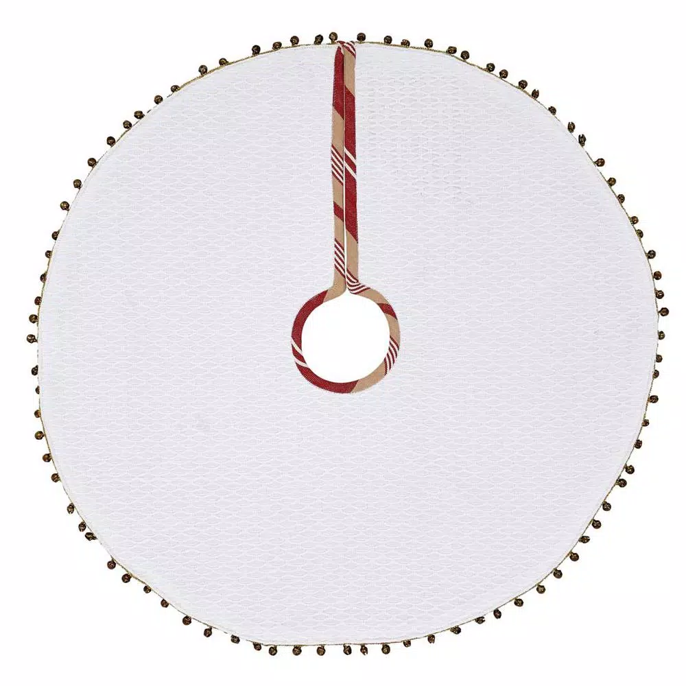 VHC Brands 21 in. Vintage Stripe Candy Apple Red Farmhouse Christmas Mini Tree Skirt with Jingle Bell Trim