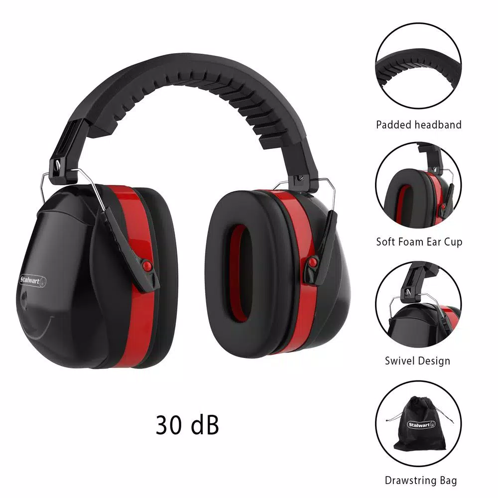 Stalwart Over-Ear Noise Reduction Ear Muffs, 30dB NRR, Foldable Black/Red