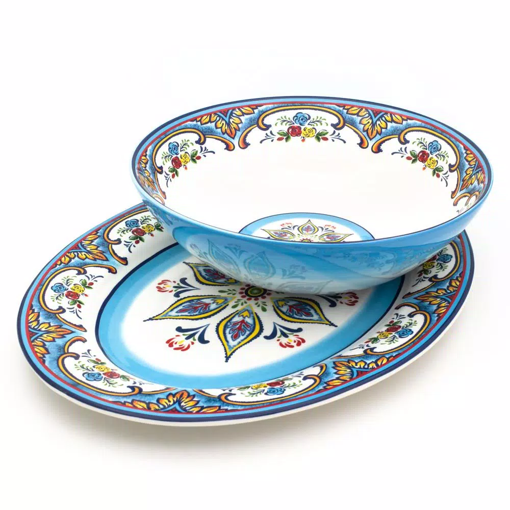 Euro Ceramica Zanzibar Bohemian Earthenware Serving Bowl, Multicolor, 120oz