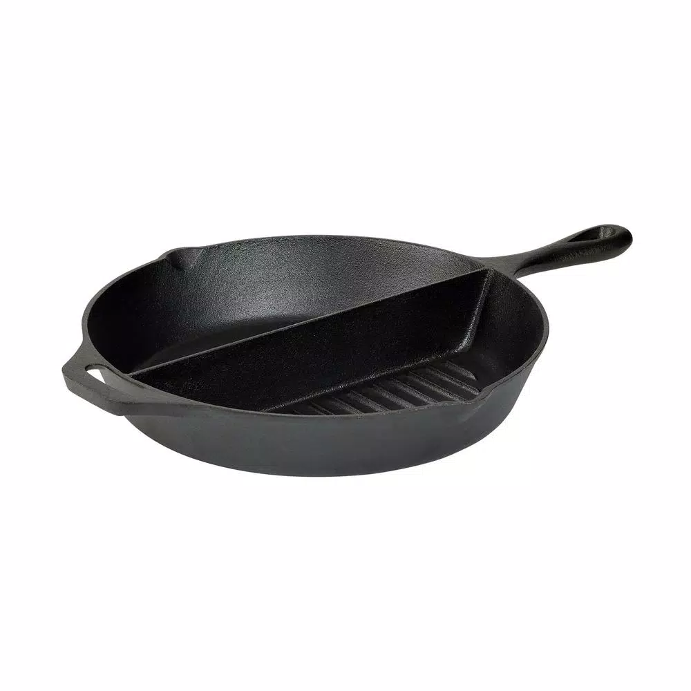 Basic Essentials 13.5 in. Cast Iron Round 2-Section Pre-Seasoned Grill/Griddle with Assist Handle