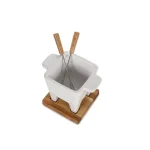 Boska Exclusive Collection 4-Piece Ceramic Fondue Set with Oak Wood Base - White thumbnail 3