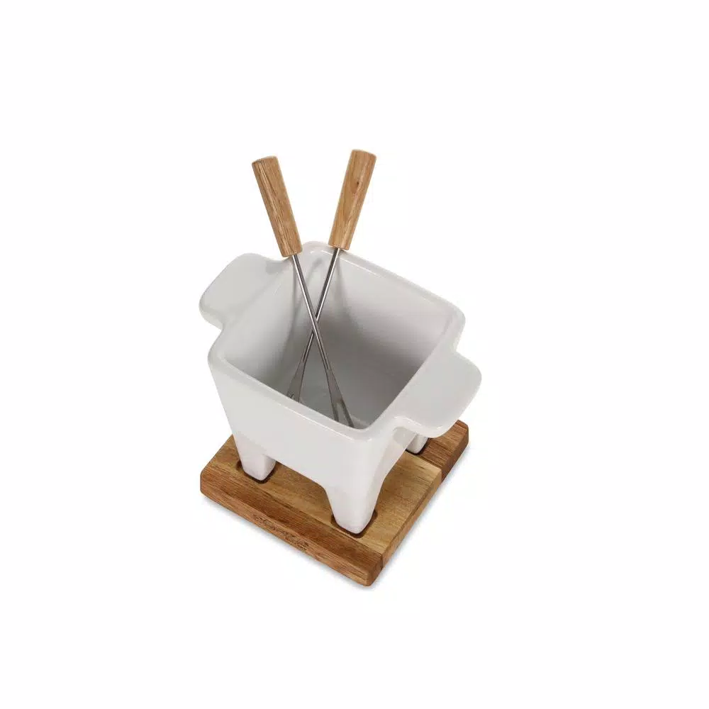 Boska Exclusive Collection 4-Piece Ceramic Fondue Set with Oak Wood Base - White