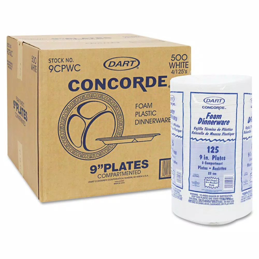 DART Concorde 9-inch White 3-Compartment Foam Plastic Plates, 500 Count Case