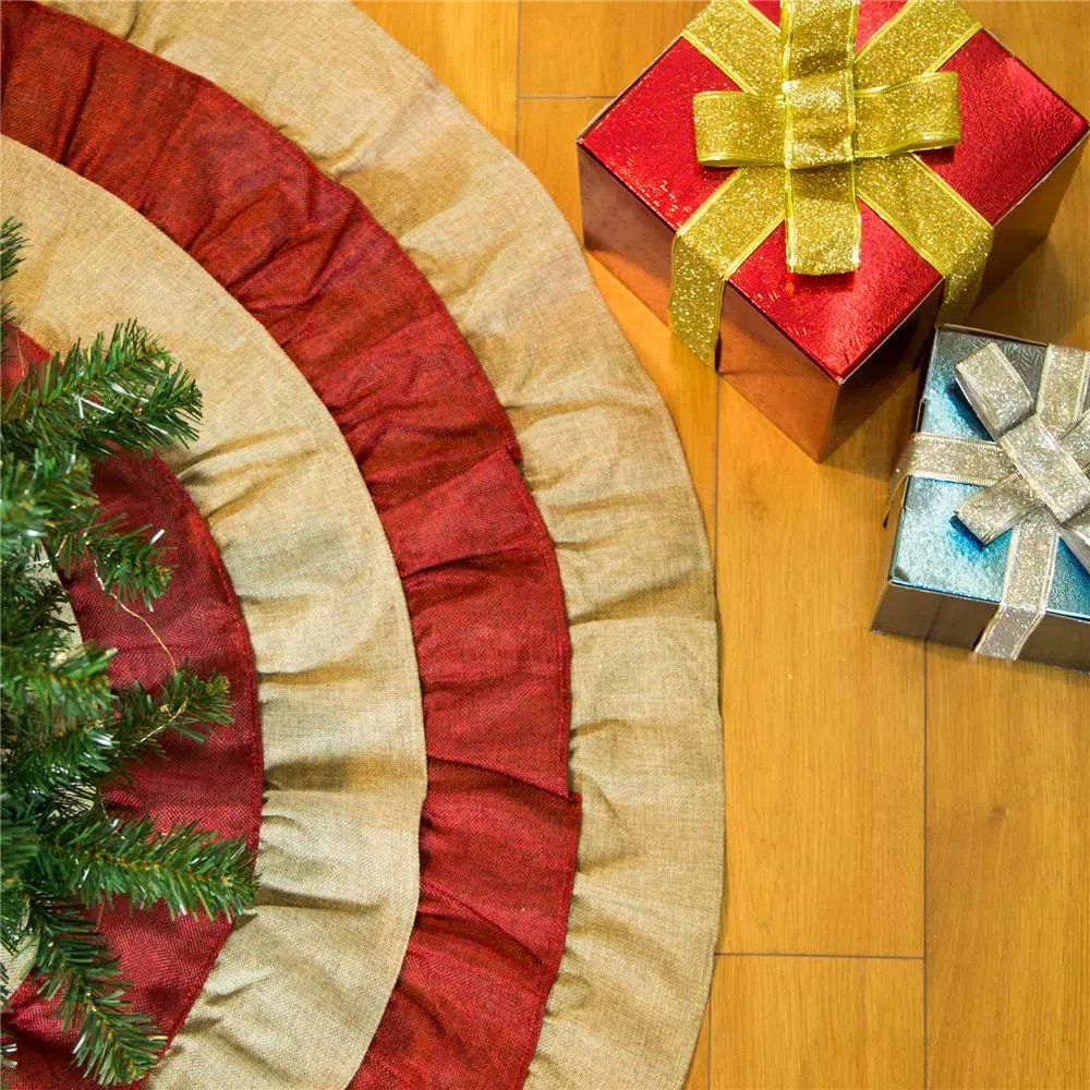 Glitzhome 48 in. Faux Burlap Christmas Tree Skirt - Red and Brown Striped Holiday Decor