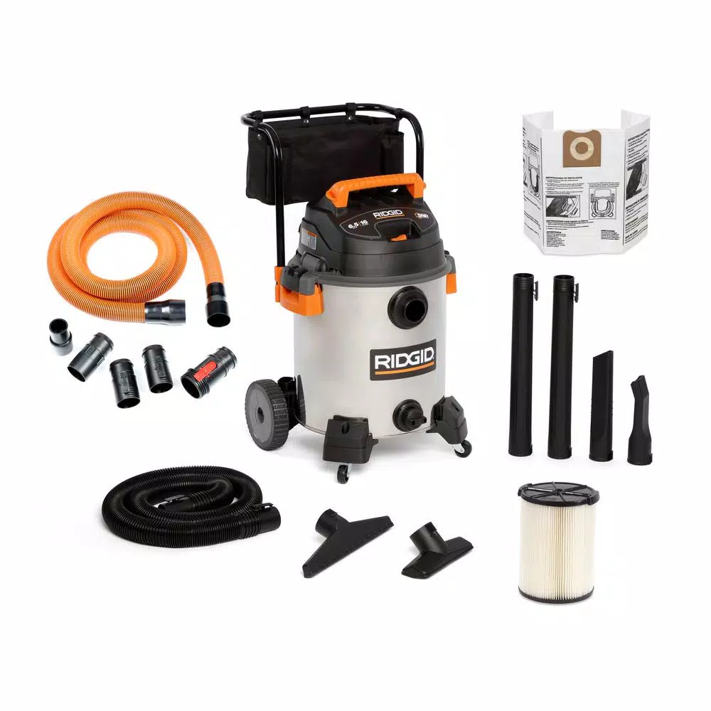 RIDGID 16 Gal. 6.5 Peak HP Stainless Steel Wet/Dry Shop Vac with 10 ft. Pro Hose and Locking Accessories