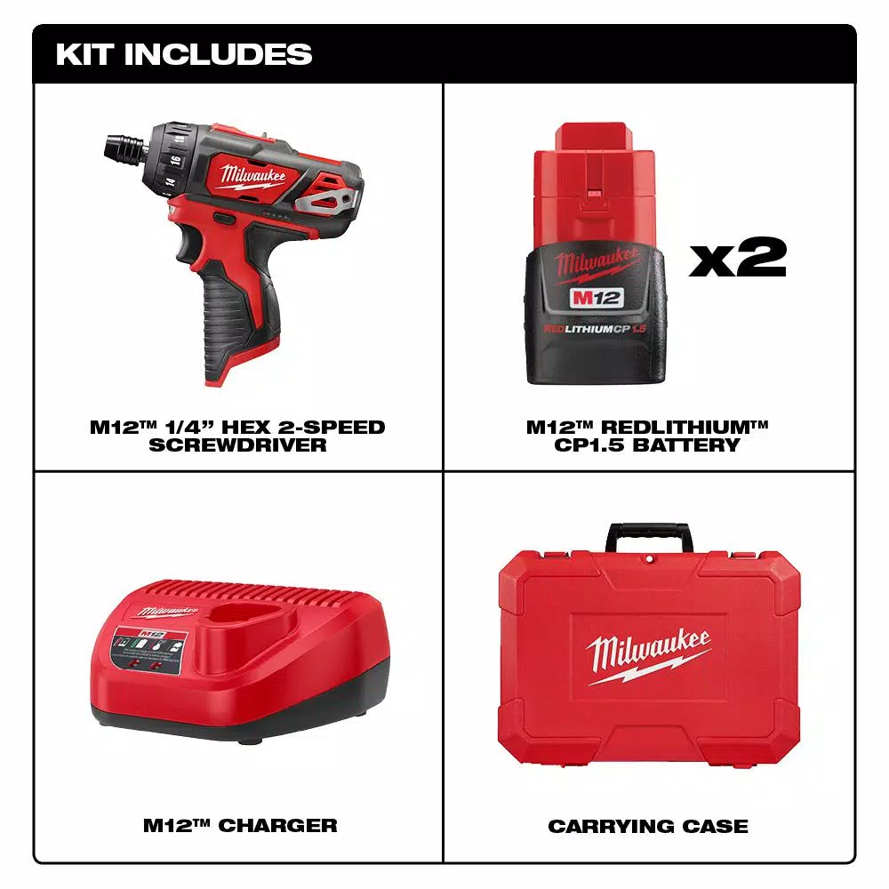 Milwaukee M12 12V Lithium-Ion Cordless 1/4 in. Hex 2-Speed Screwdriver Kit with Two 1.5 Ah Batteries and Case