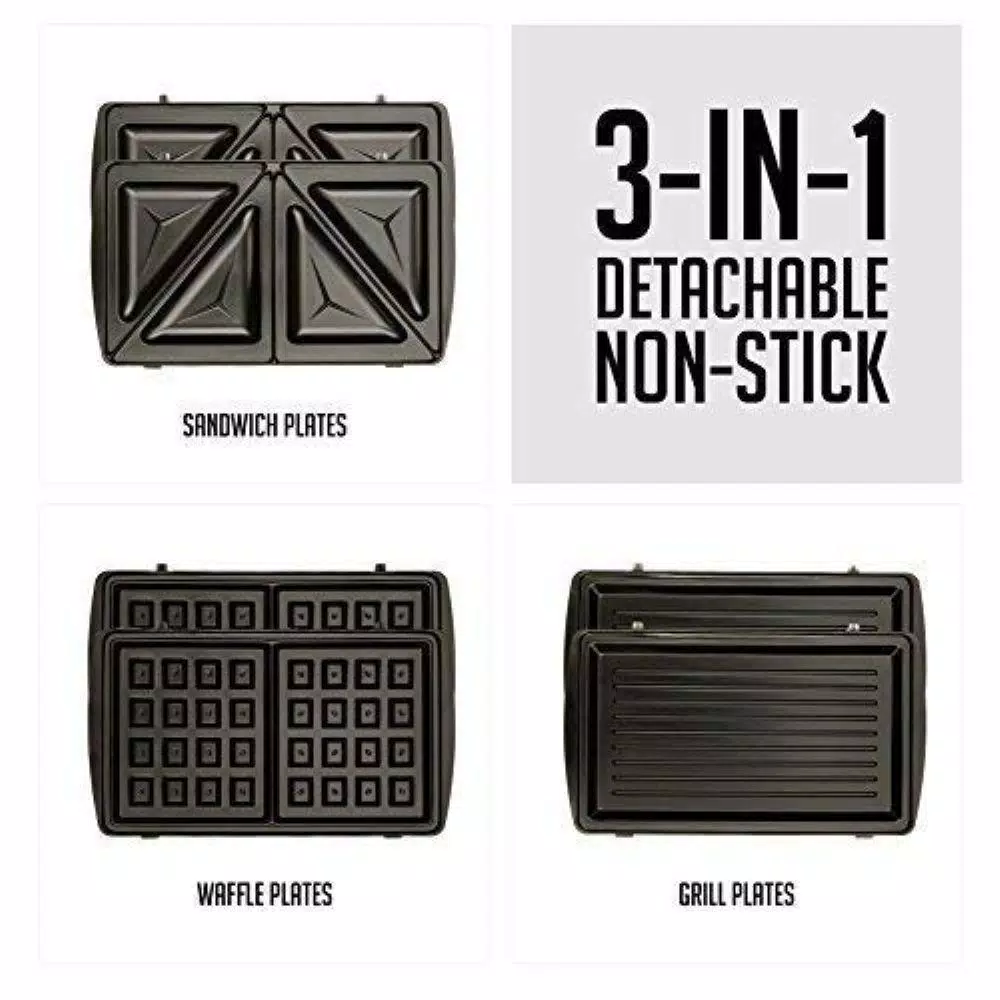 Ovente 3-in-1 Electric Sandwich Maker, Waffle and Grill Maker with Detachable Non-Stick Plates, 750W, Black