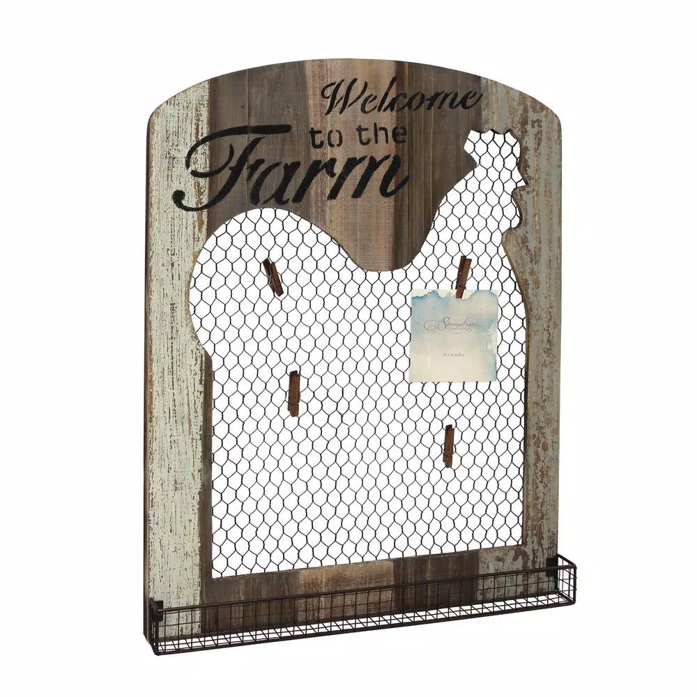Stonebriar Collection 18 in. x 24 in. Brown Wooden Rooster Wall Decor with Metal Mesh Message Board