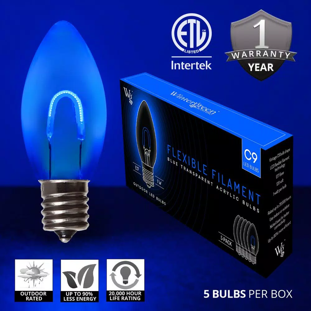 Wintergreen Lighting FlexFilament C9 Blue LED Shatterproof Vintage Edison Replacement Christmas Light Bulbs, 5-Pack