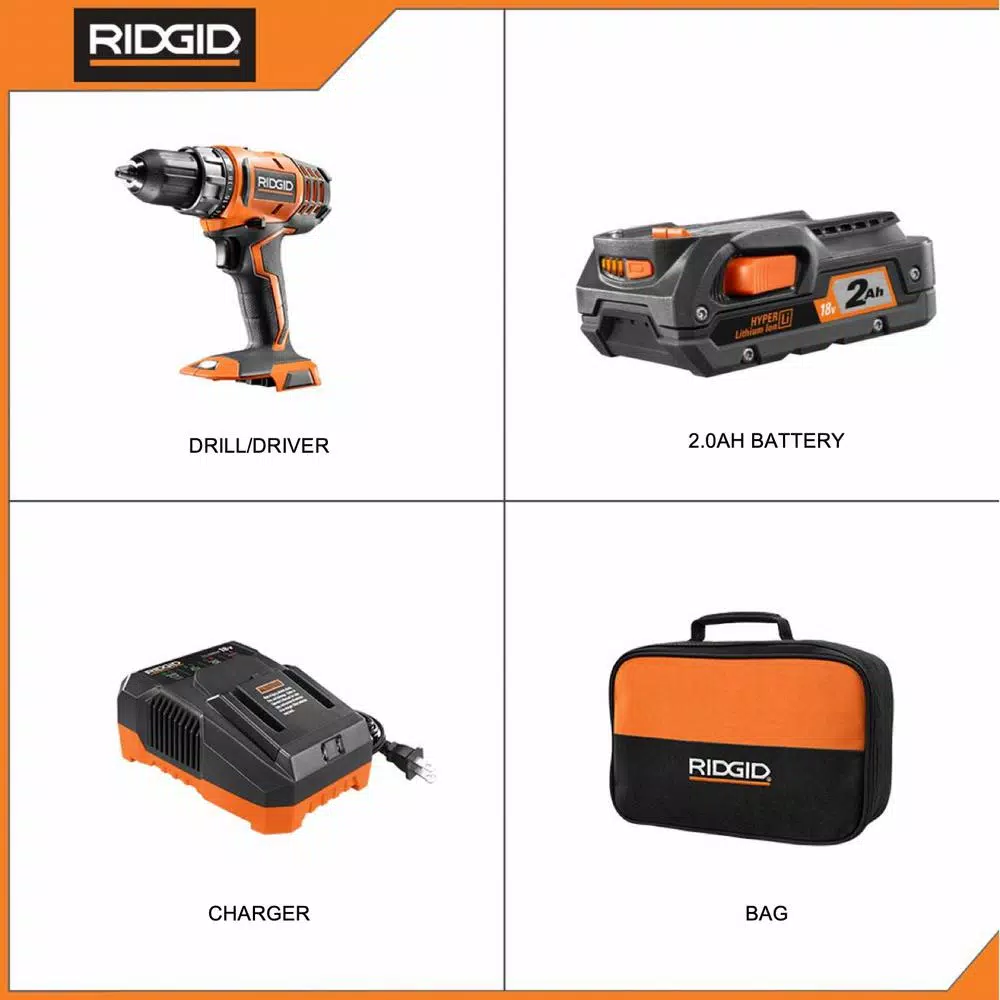 RIDGID 18V Cordless 1/2 in. Compact 2-Speed Drill/Driver Kit with 2 Ah Battery, Charger, and Tool Bag