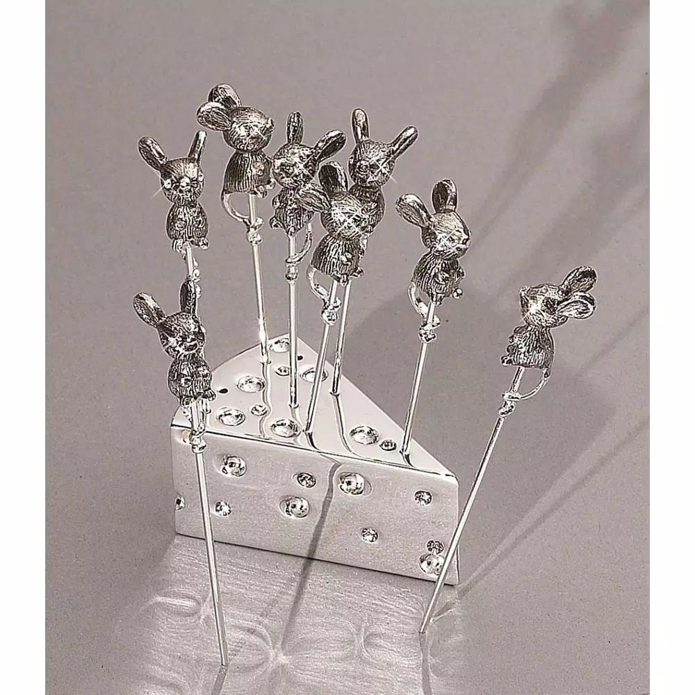 Heim Concept 8-Piece Silver Plated Metal Mouse Cheese Picks with Crystal Accents